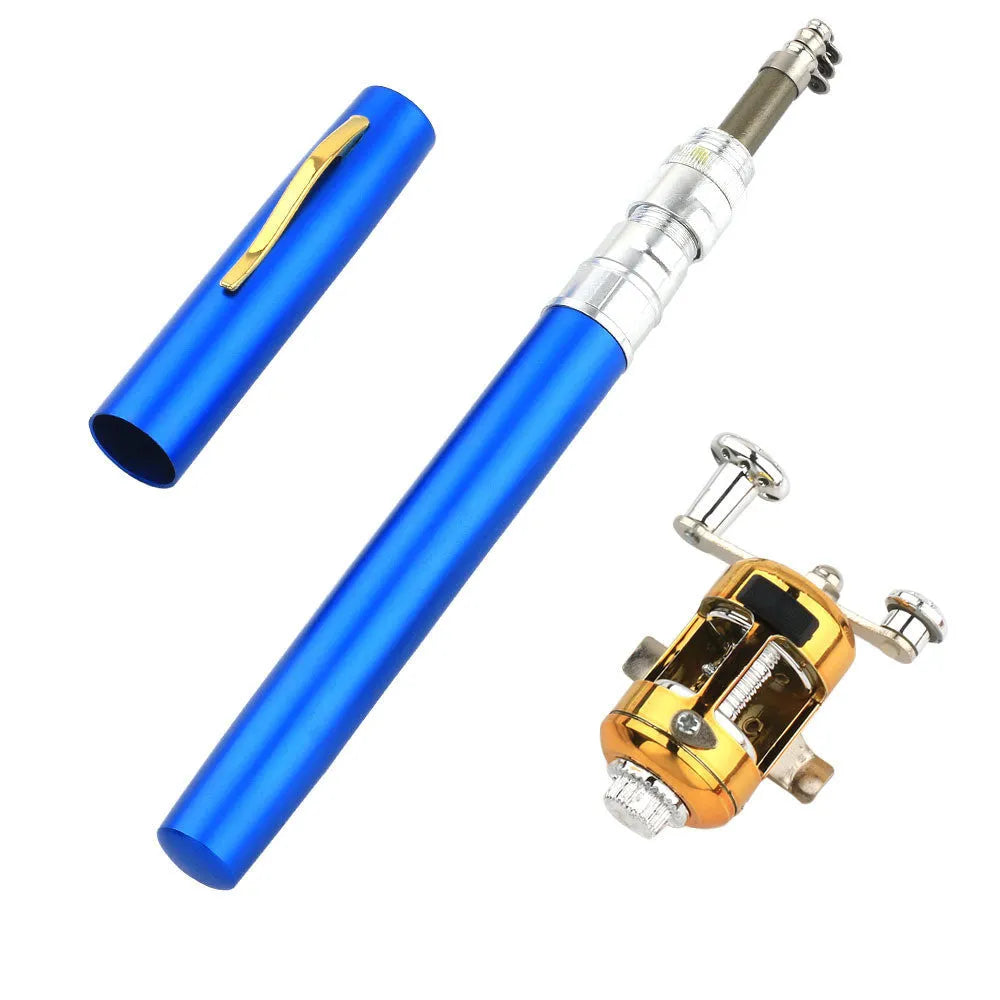 Portable pen fishing rod kit showing telescopic rod extended to 1m and collapsed in aluminium case with fishing wheel