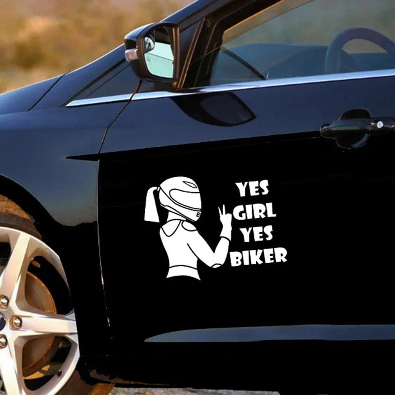 Cool Girl Rider character car sticker in black, white, or laser finish, measuring 16cm by 15cm.