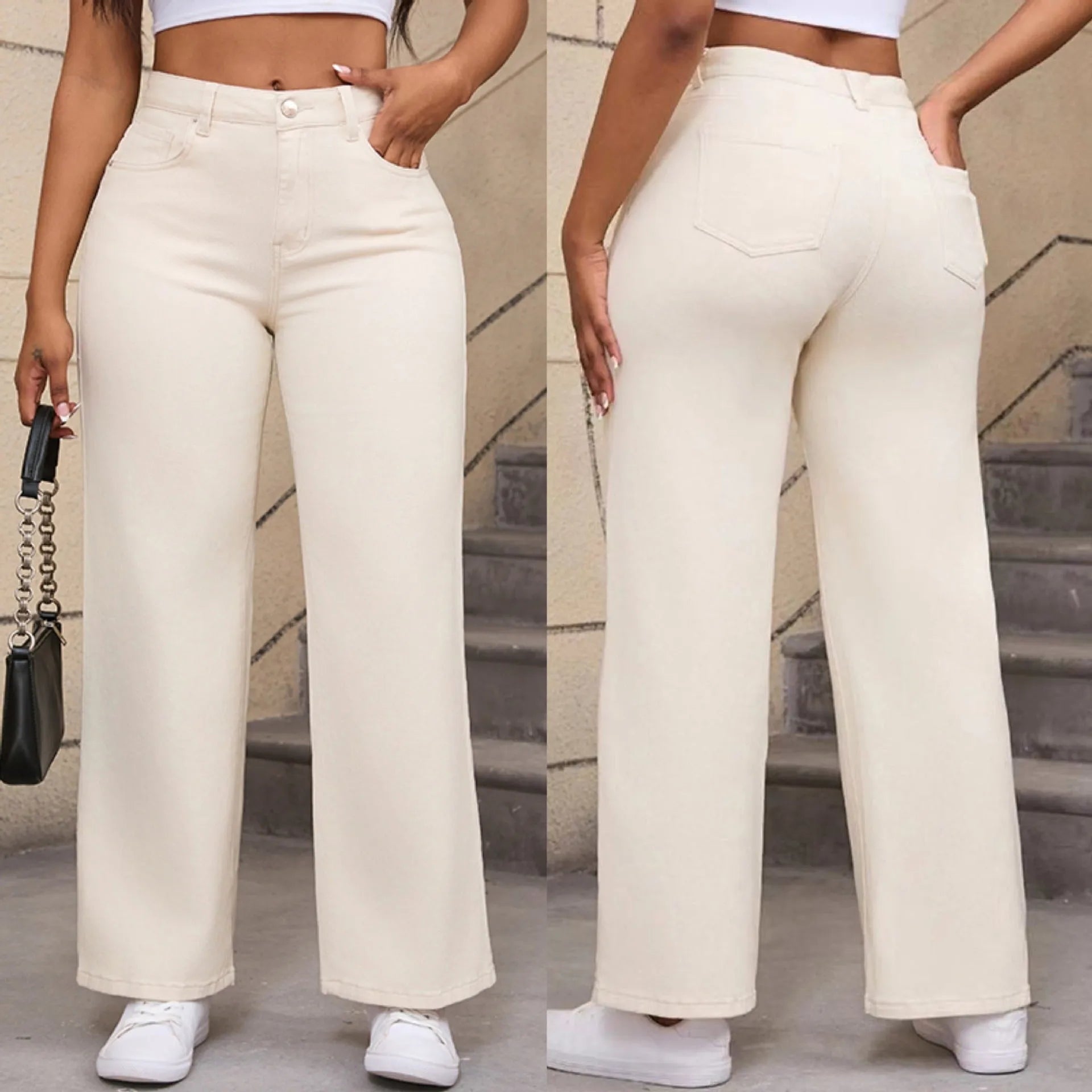 Women's apricot high-waist wide-leg straight jeans made from cotton.