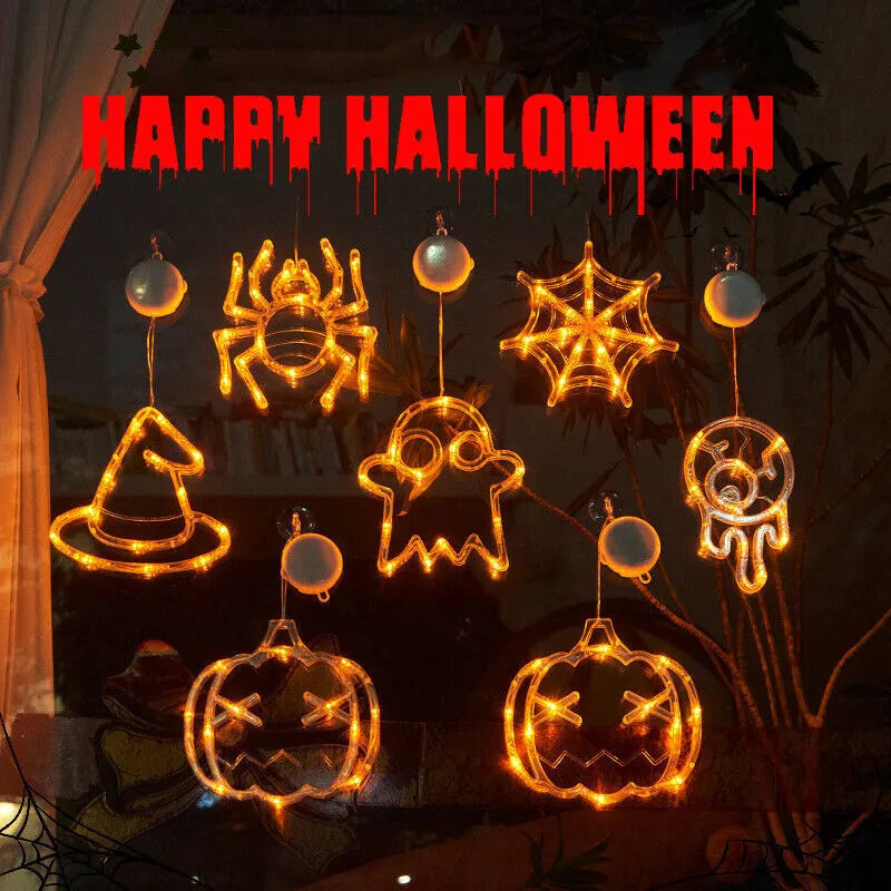 Seven Halloween-themed battery LED window lights with spiders, pumpkins, ghosts on suction cups