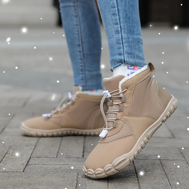 Waterproof fleece-lined outdoor snow boots with round toe and front lace-up in black, khaki, or pink.