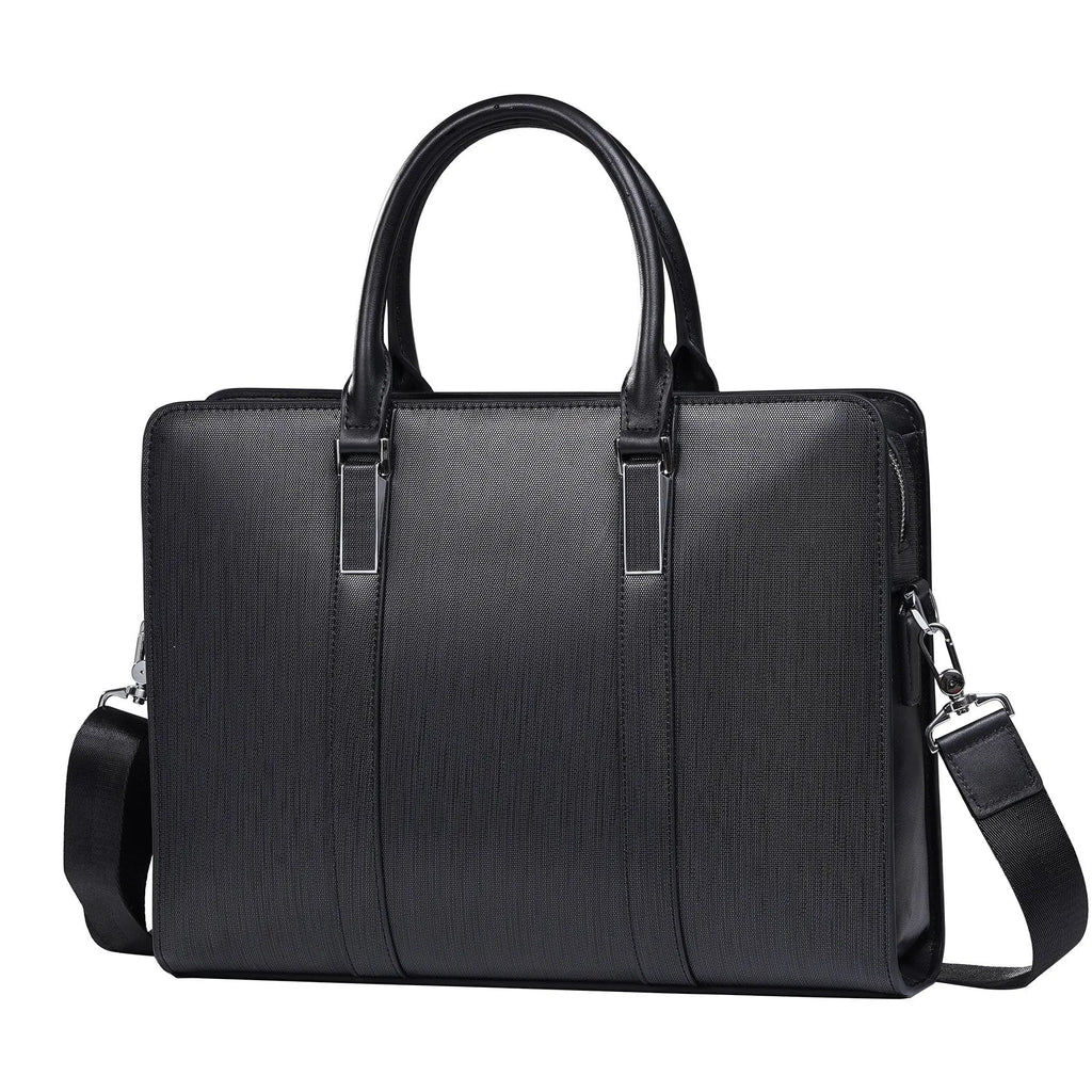 Men's cowhide leather business handbag in black or brown with stitching, plaid and lock details