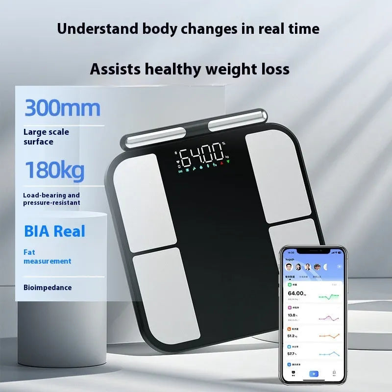 Black electronic household scale with tempered glass platform and colour touchscreen display