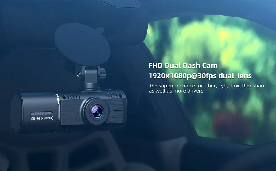 Black dash camera with dual lenses for front and rear recording, 1.5-inch screen, and car mounting stand