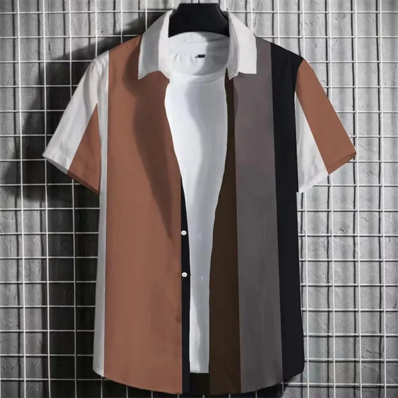 Men's striped short-sleeve linen shirt with 3D printed pattern in solid colour