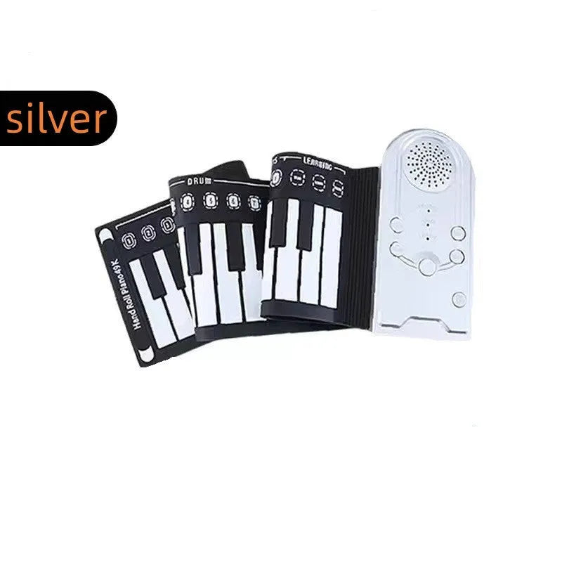 Folding electronic keyboard with 49 silicone keys, shown in gloss black, folded to compact size with speaker visible on control panel