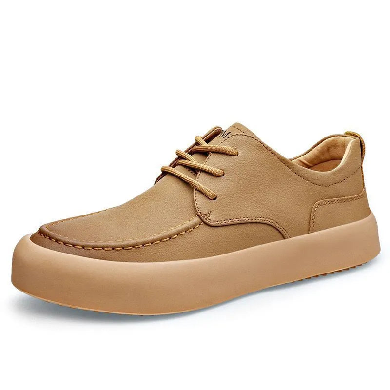Men's casual lace-up shoes lightweight EVA sole artificial PU leather flat heel round toe AM02 Brown