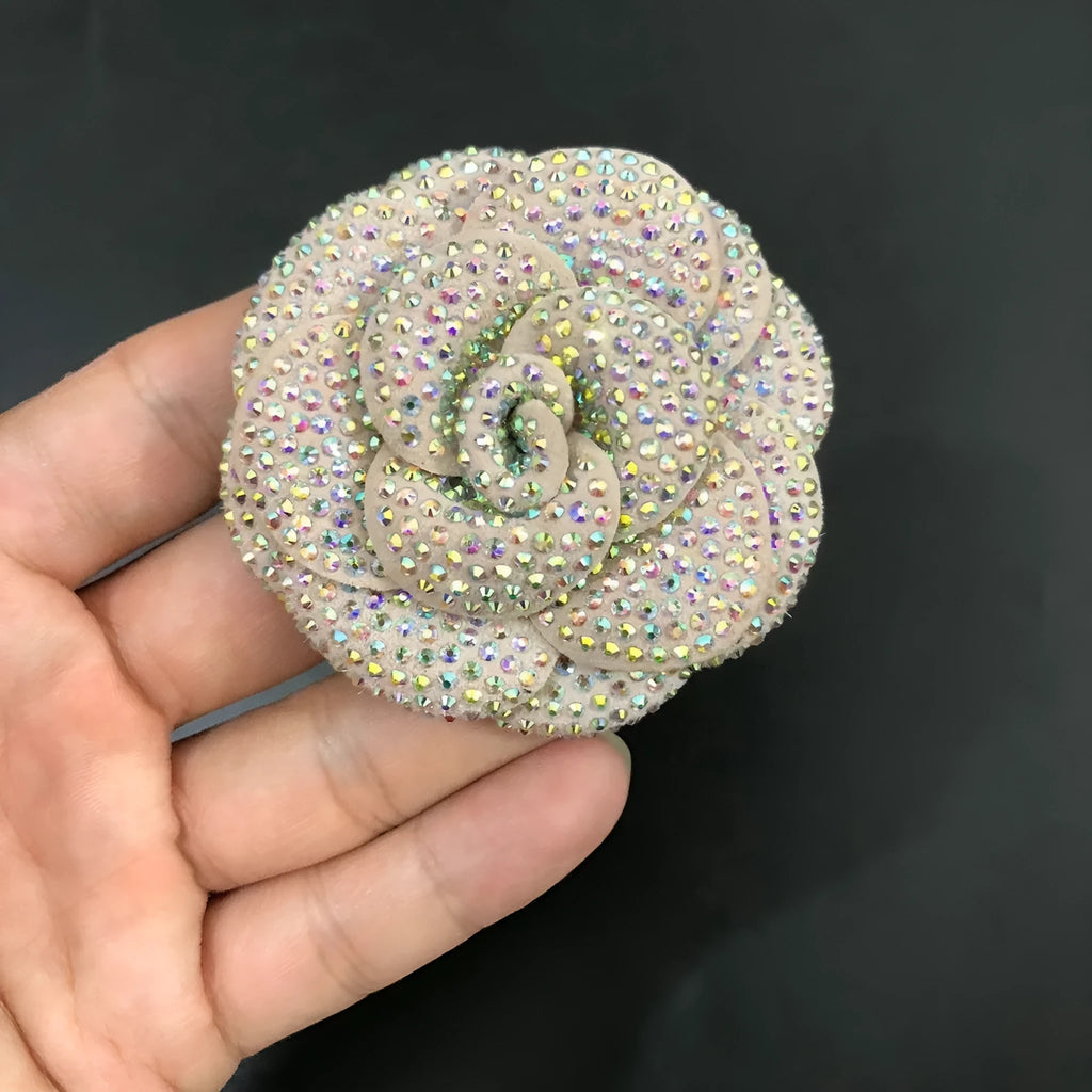 Genuine leather shoe brooch ornament with floral design and crystal accents in various colour combinations