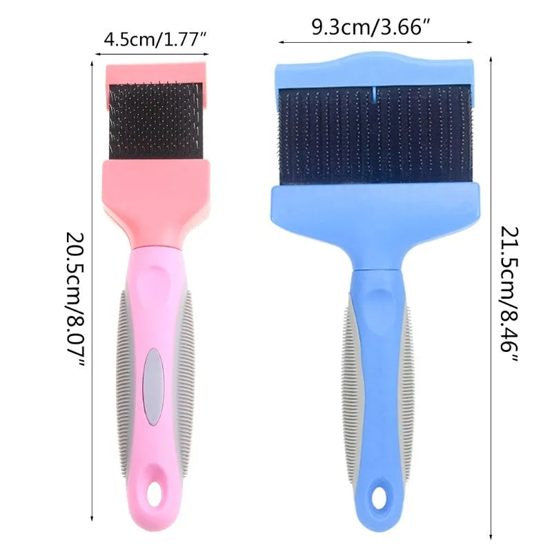 Double-sided pet brush with stainless steel bristles and ergonomic blue handle