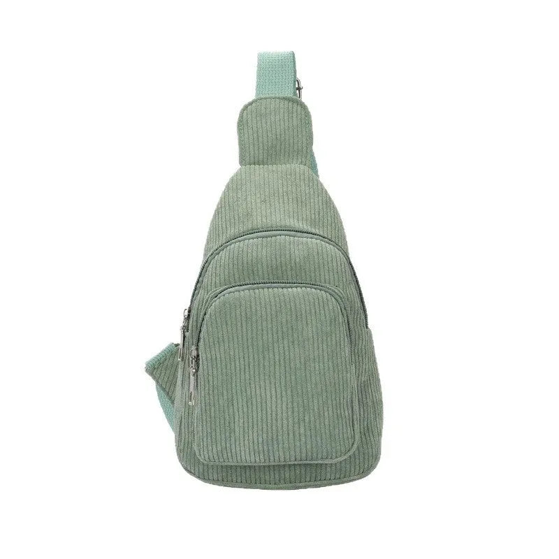 Flannel cross-body shoulder chest bag in green, brown, black or beige with phone pocket and three-dimensional outer pocket.