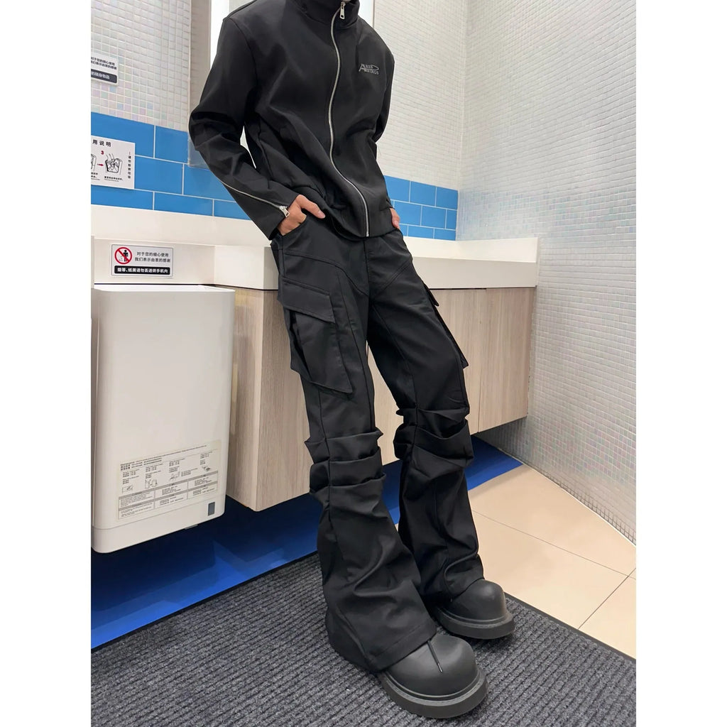 Men's black cargo trousers with large side pockets, straight-leg cut, on a plain background