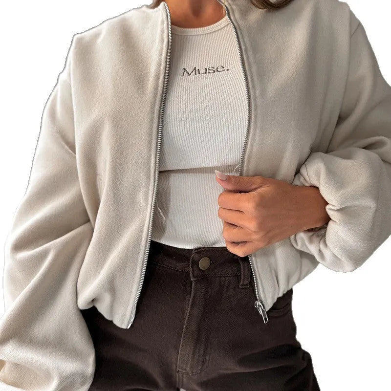 Women's off-shoulder short coat with lantern sleeves in milky white and brown colour options