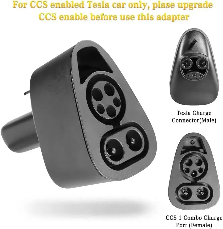 Black Tesla charging plug conversion adapter showing connector interfaces and housing