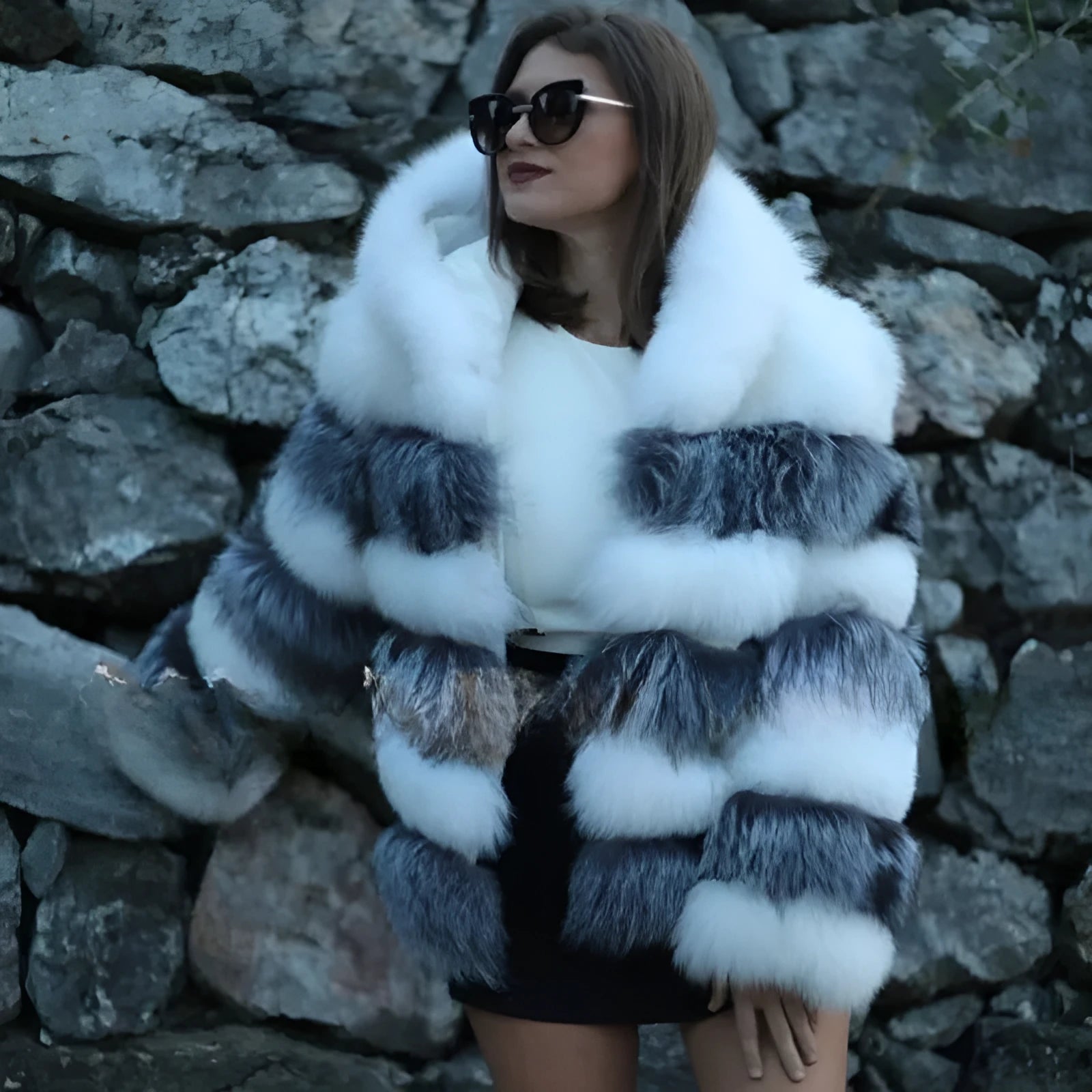 Women's loose artificial fur hooded coat in brown colour, street fashion style