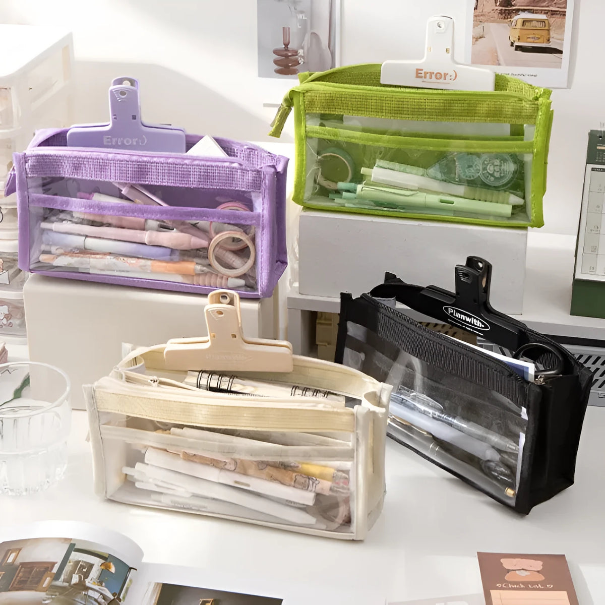 Large capacity six-layer transparent canvas pen bag in matcha green with zipped compartments