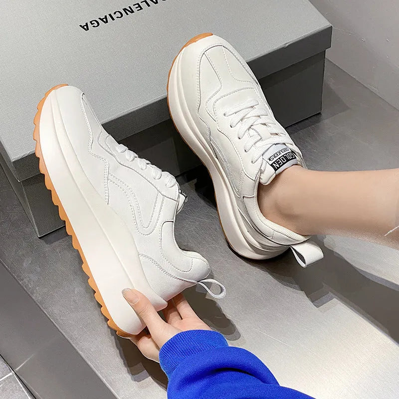 Women's white cowhide leather casual sports shoes with cross-strap and English muffin heel design