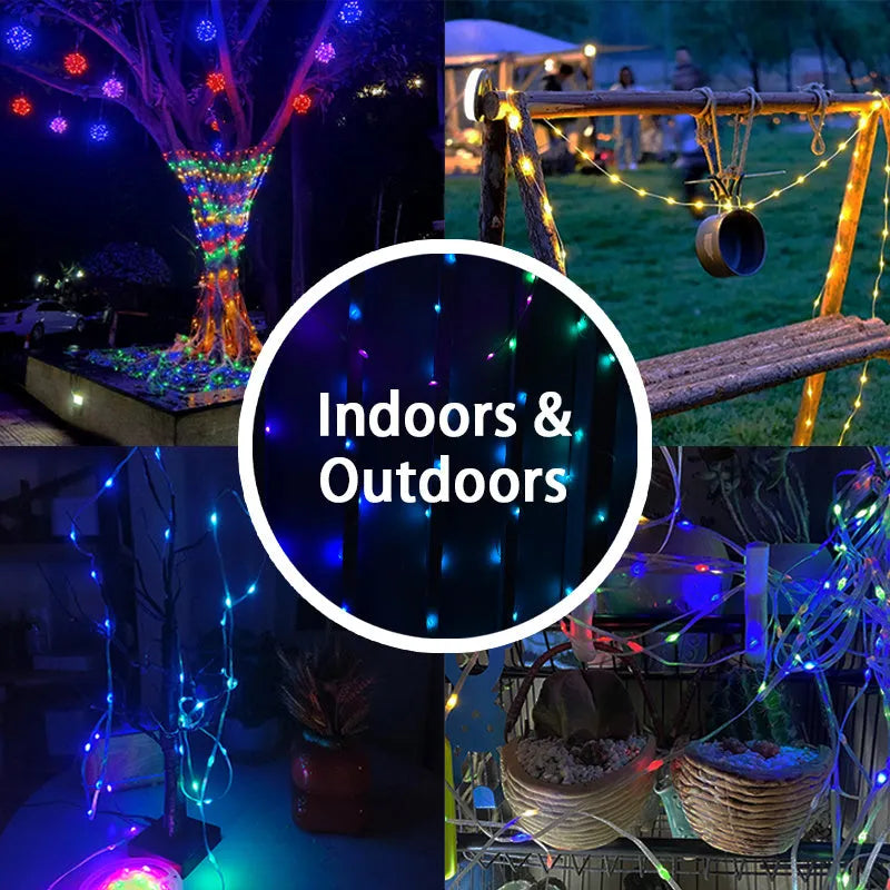10-metre long multi-colour LED decorative light string with remote control on a white background