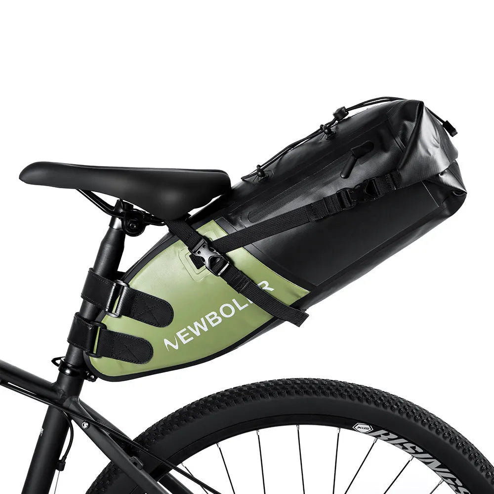 Waterproof PVC bicycle tail bag in black, green or yellow with 13L capacity