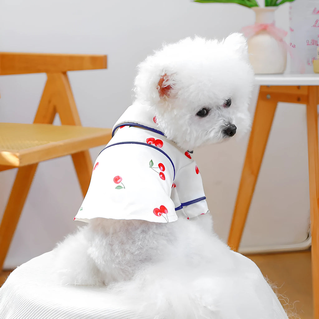 Pet pyjamas in cherry print, polyester small dog and puppy clothing in navy blue or white, sizes XS to 2L