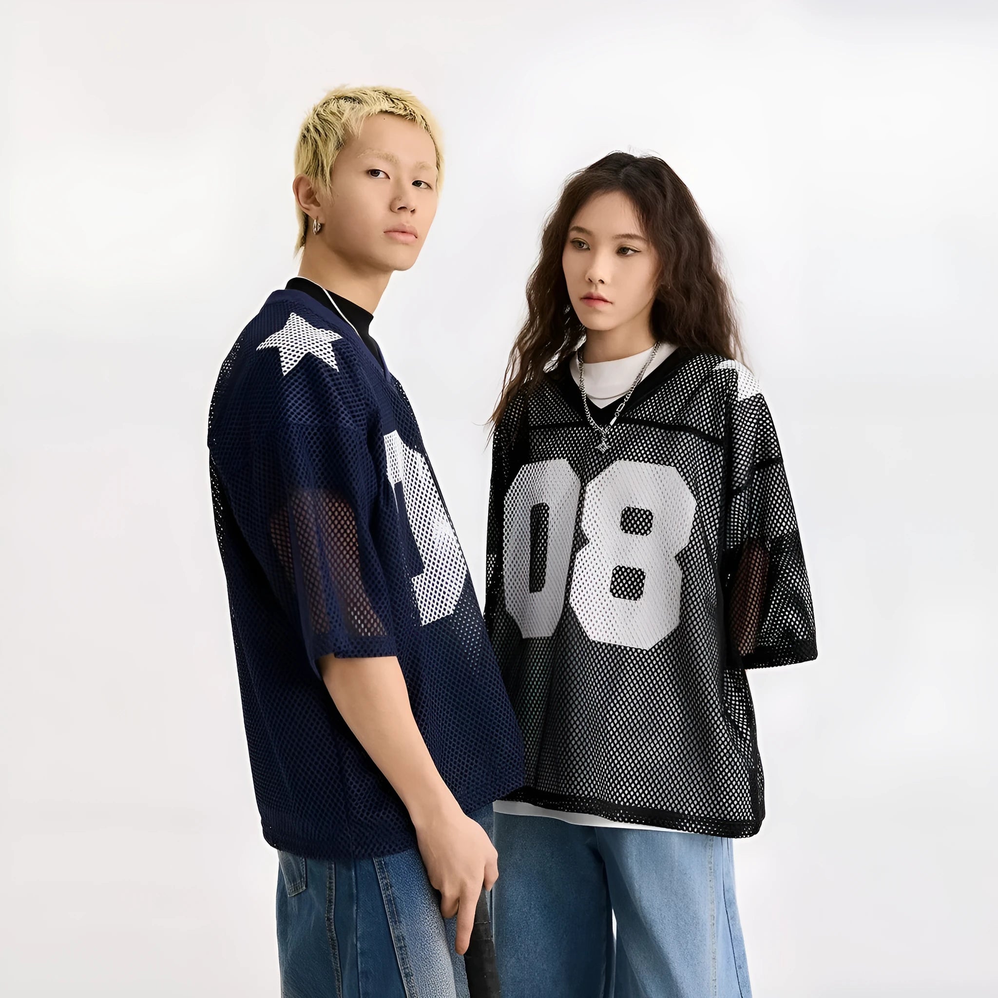 Black and navy blue half sleeve polyester shirt with loose pullover design