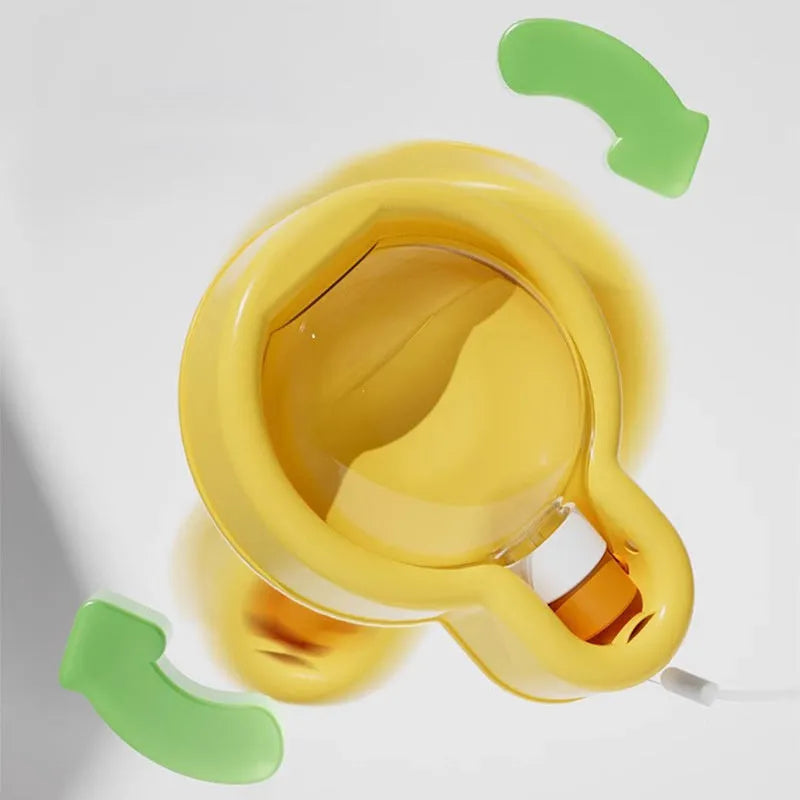 Green portable pet travel cup with handle, showing pull-out drinking bowl for dogs.