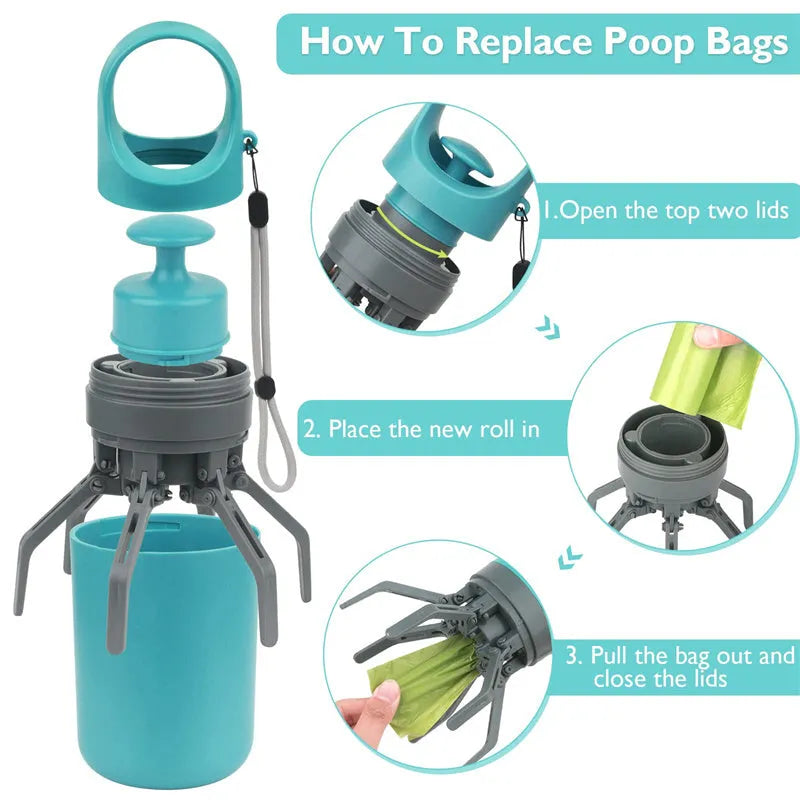 Blue plastic portable dog pooper scooper with built-in bag dispenser and eight-claw shovel