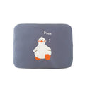 Blue cotton tablet case with embroidered cartoon duck design and a zipper, sized for an iPad.