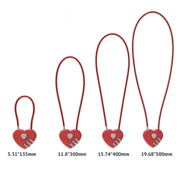 Heart-shaped wire rope lock in various colours with a steel cable, shown securing a bicycle helmet.