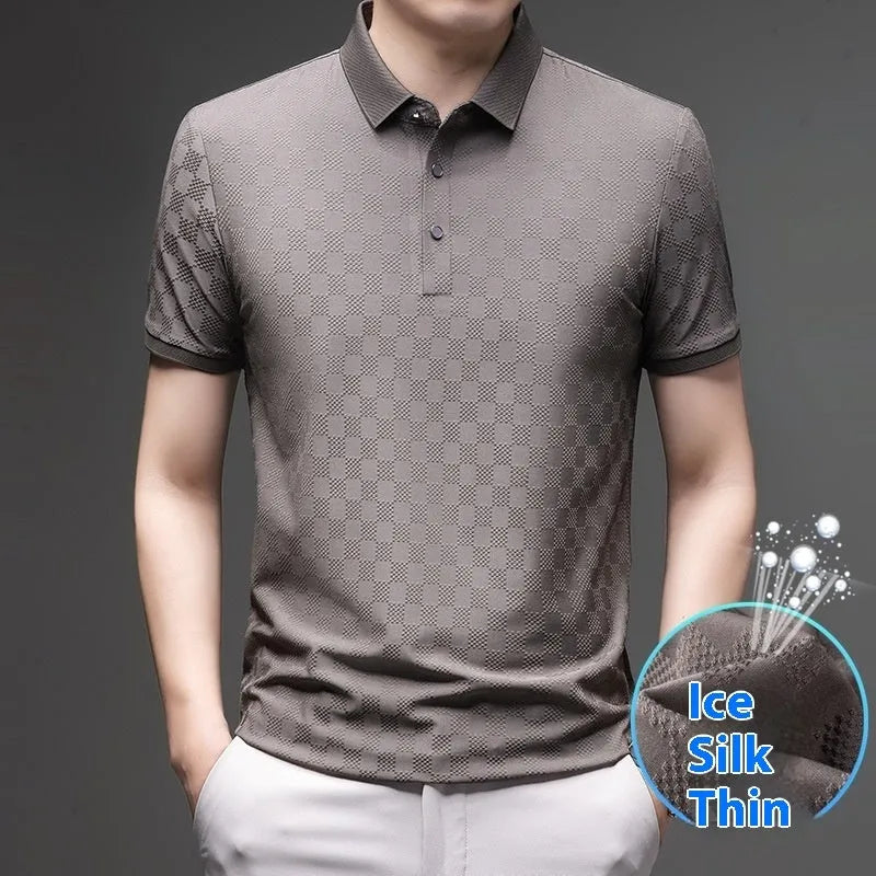 Rhombus pattern thin ice silk short sleeve T-shirt with slit detail in chemical fibre blend fabric