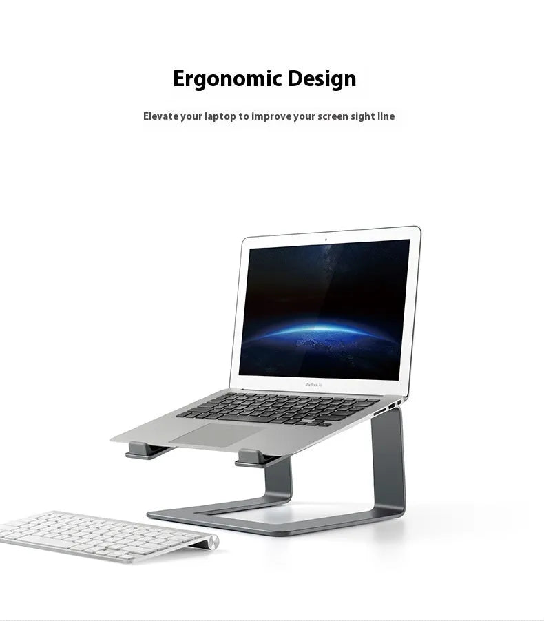 Black aluminium alloy laptop stand on a desk, showing its wide base plate and elevated height.