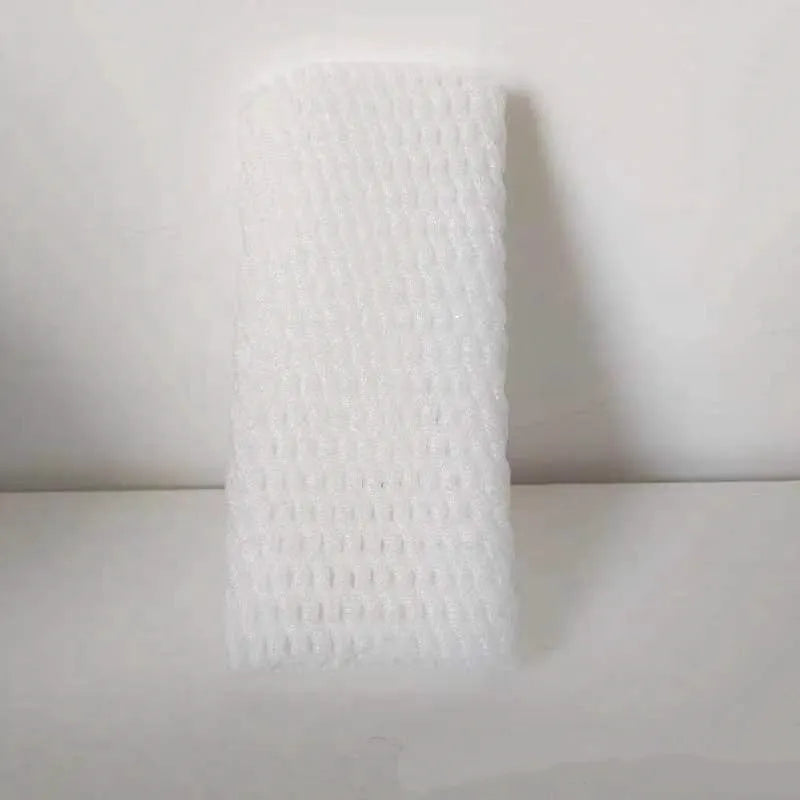 White foam net protective sleeve for apples and oranges, shown in various sizes.