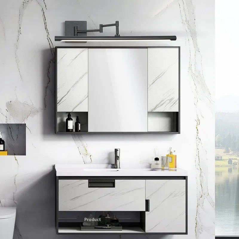 Modern sand black LED bathroom mirror cabinet with integrated light, mounted on a wall.