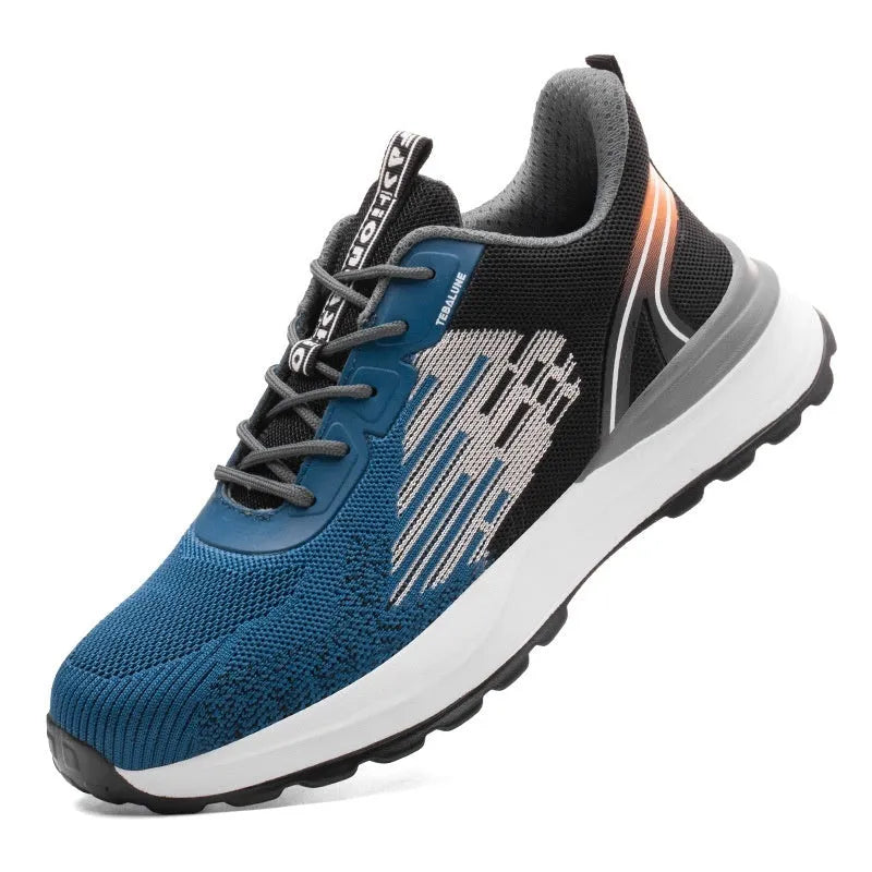 Blue men's safety work shoes with plastic toe cap and mesh upper on non-slip PU sole