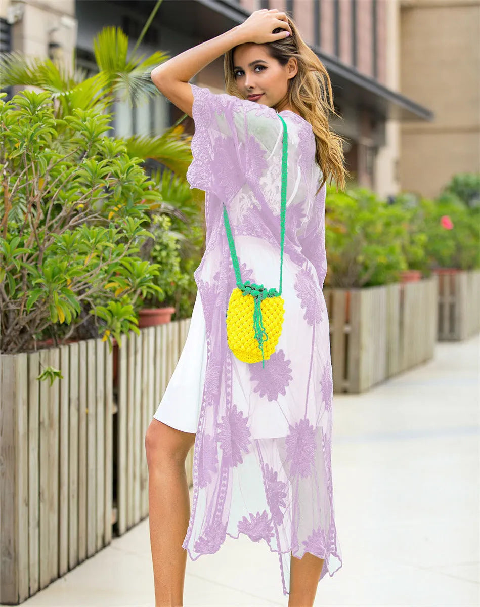 Light purple women's beach dress with lace embroidery, cotton lining, free size swimsuit cover-up