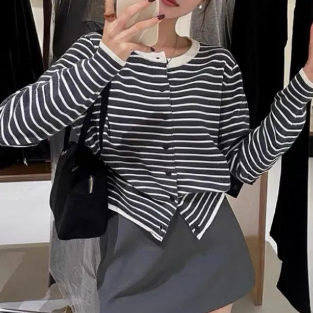 Women's dark grey and white striped cardigan sweater with French style pattern, slim fit 40cm length