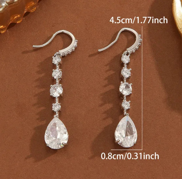 Silver white zircon teardrop drop earrings for women with electroplated copper finish and pear-shaped silhouette