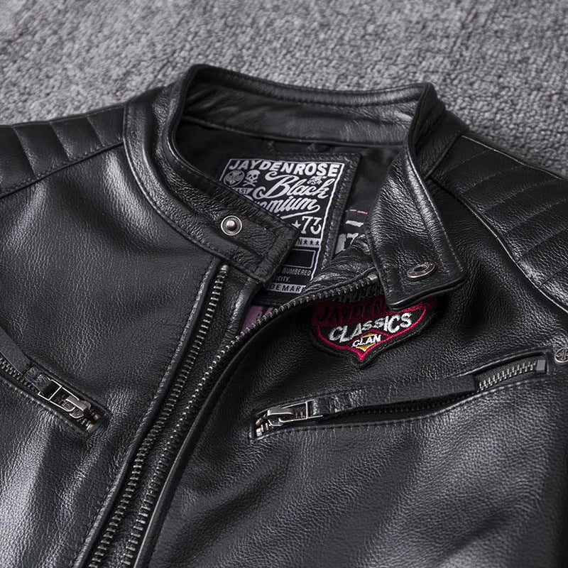 Men's stand collar genuine leather motorcycle jacket with skull pattern in black