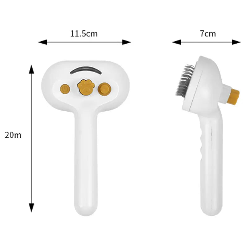 White water mist brush for dogs and cats with steel teeth, built-in water tank, and self-cleaning press for grooming.