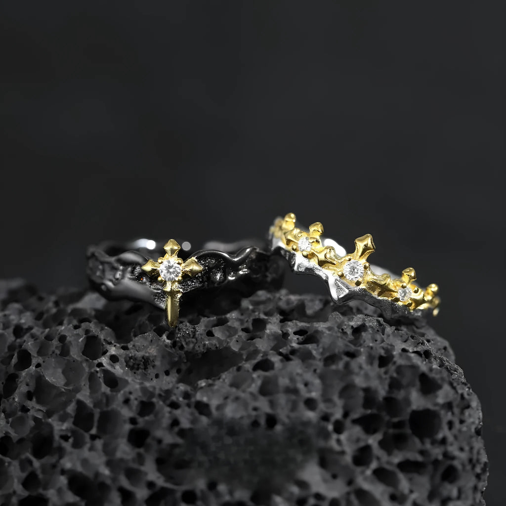 Princess knight couple rings with adjustable opening in electroplated white gold and black gold colours