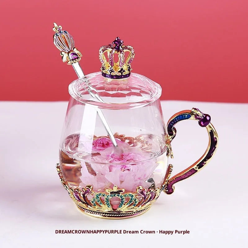 Heat-resistant glass tea cup set with enamel spoon, lid and plate in round shape, 301-400ml capacity