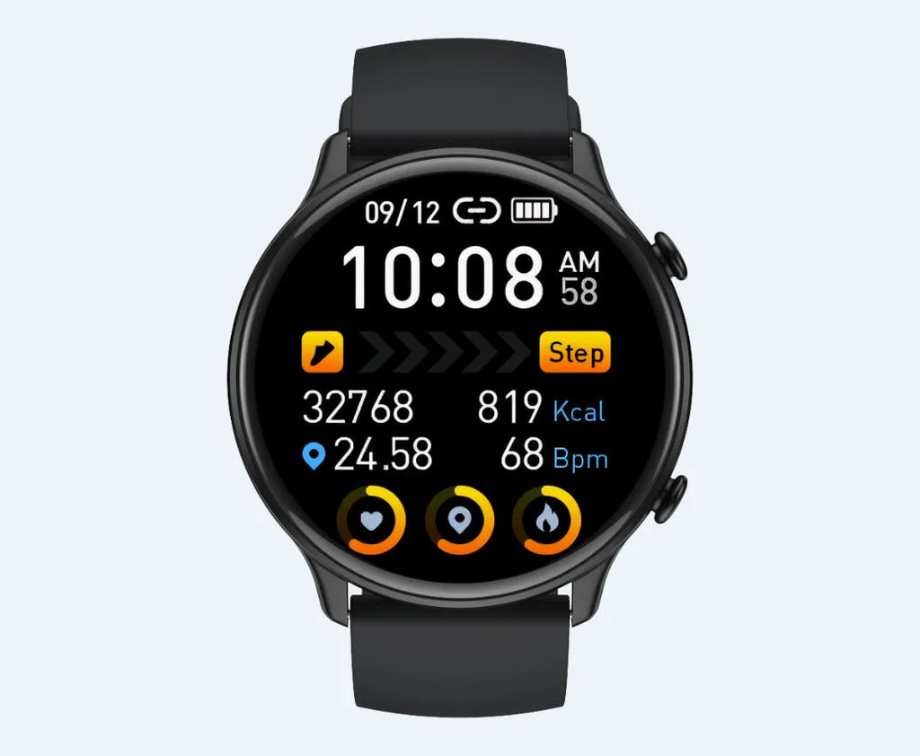 Round smart sports watch with touch screen on silicone strap showing heart rate display