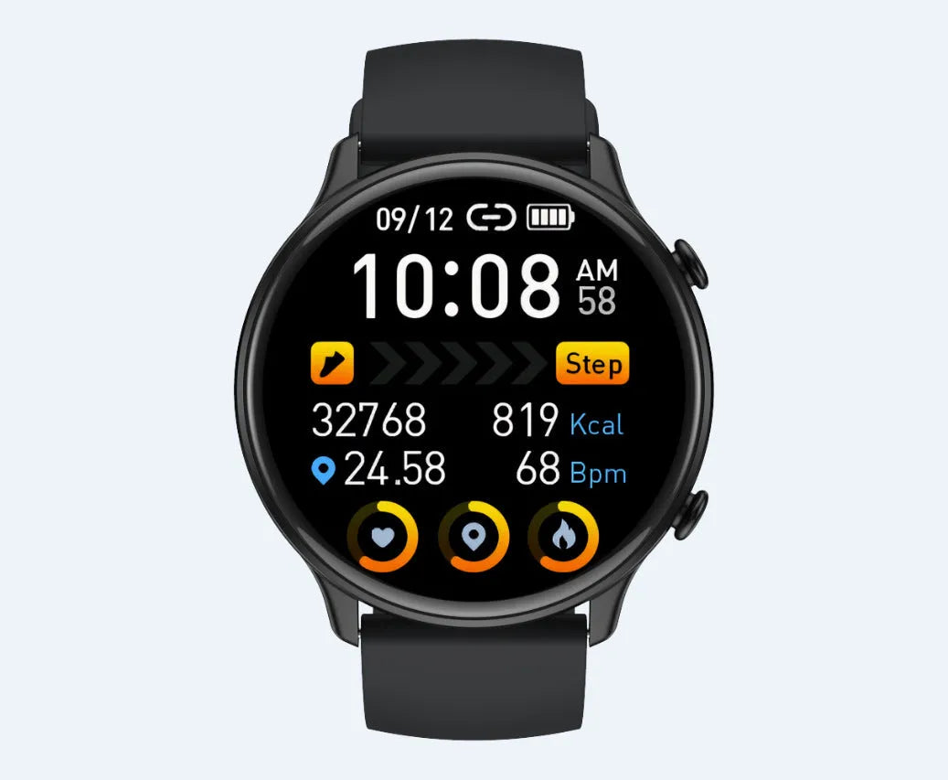 Round smart sports watch with touch screen on silicone strap showing heart rate display
