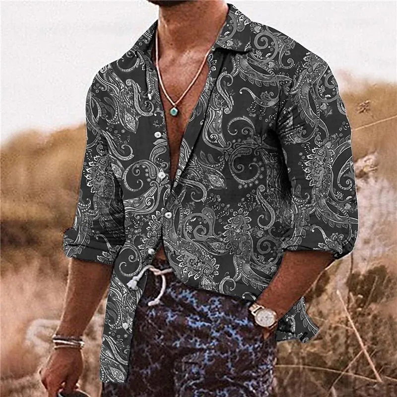 Men's loose fit long sleeve shirt featuring a detailed 3D digital print floral pattern in multiple colours.