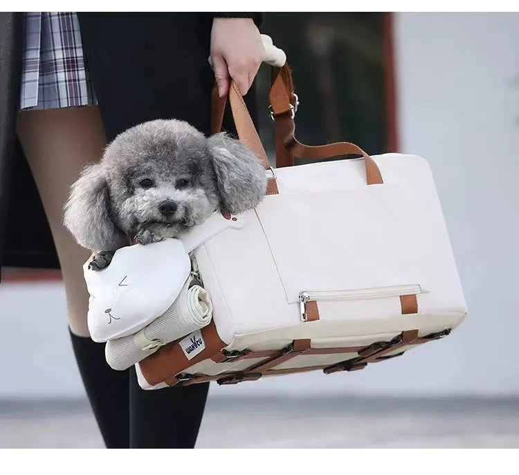 Beige hard-sided pet carrier with one shoulder strap measuring 43x25x22.5cm