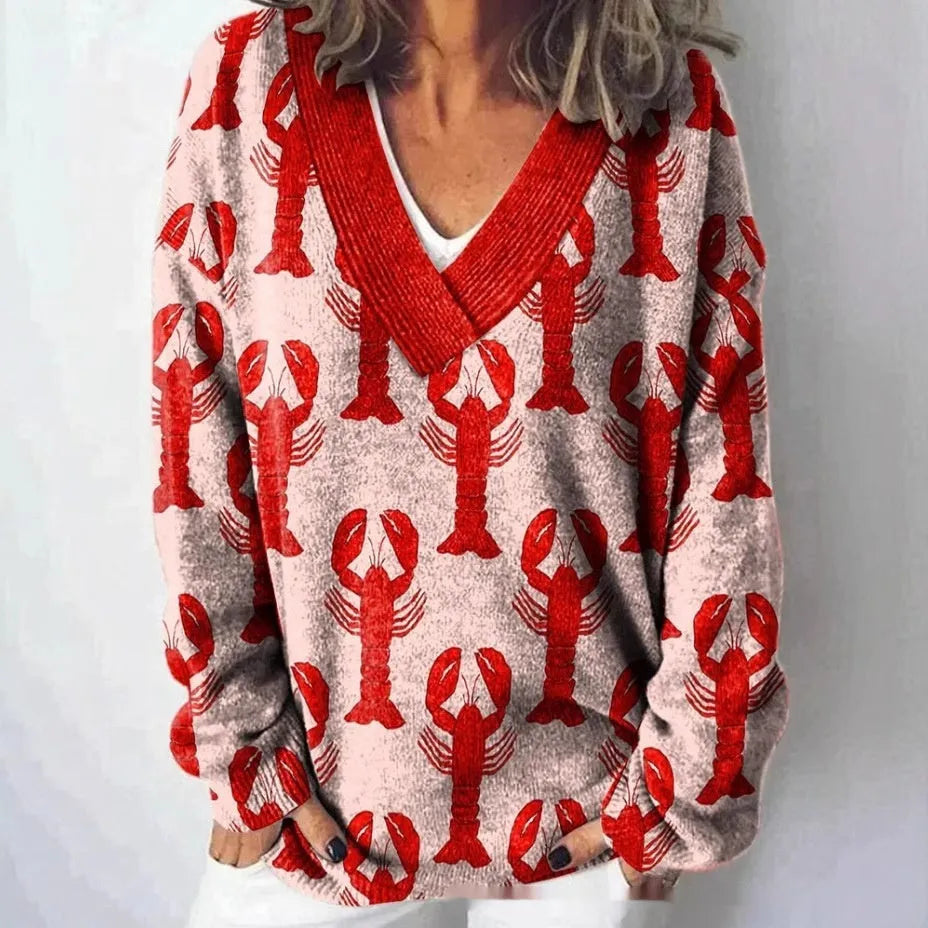 Women's V-neck long sleeve sweatshirt with a detailed 3D floral pattern print in an art retro style.