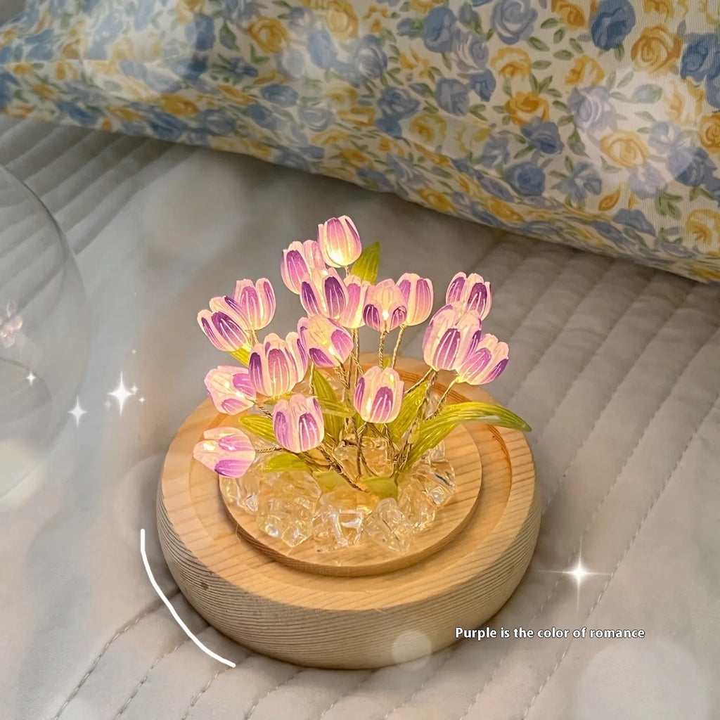LED tulip artificial flower small night lamp in pink, battery-powered, DIY kit