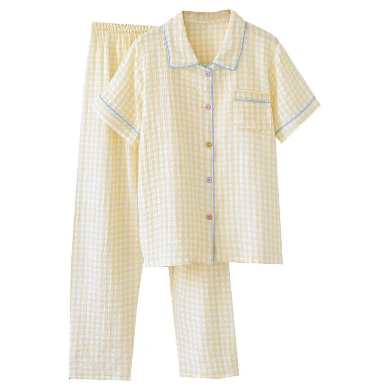 Women's washed cotton double-layer gauze short-sleeved top and trousers loungewear set in a loose fit.