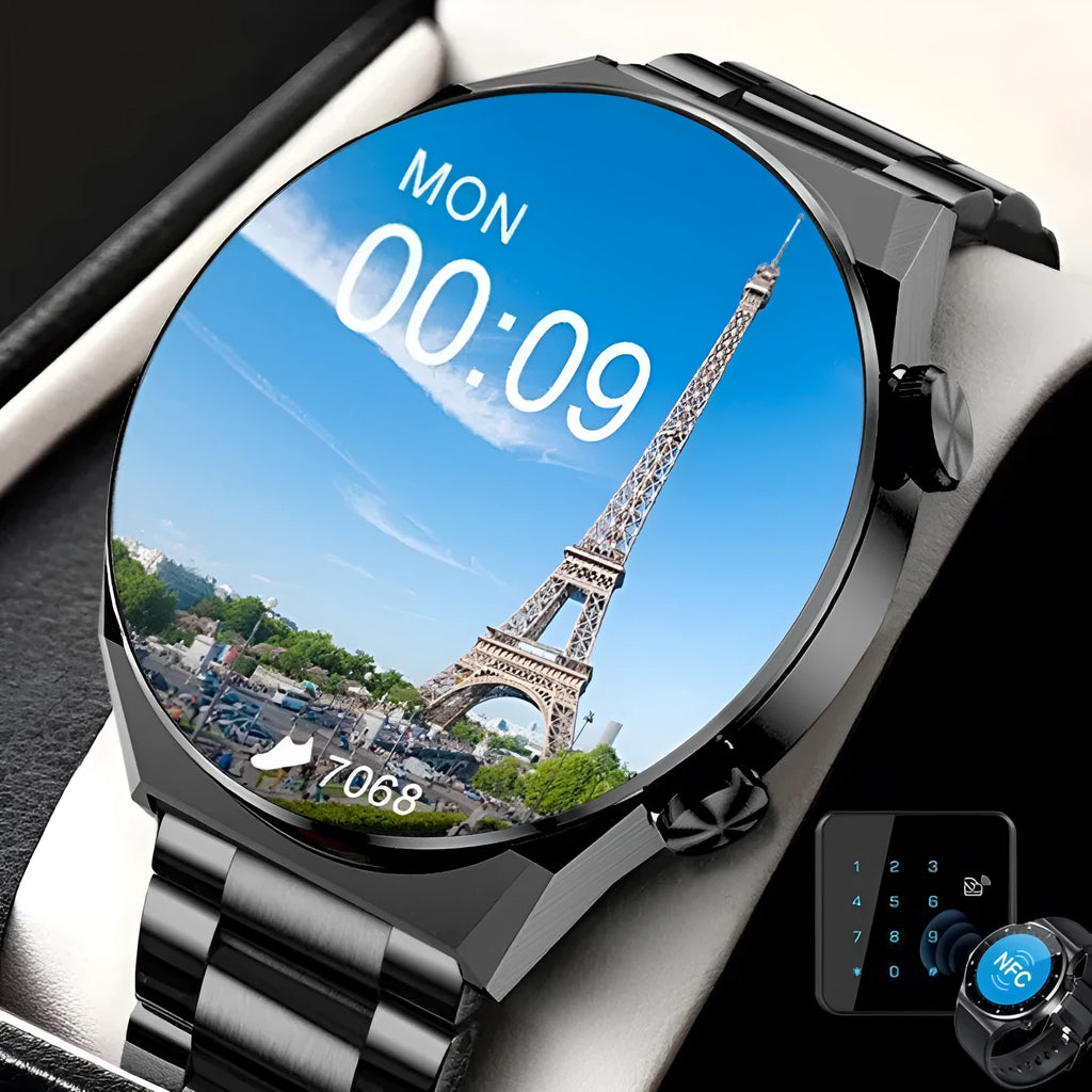 1.45 inch smart watch with silicone strap, TFT screen, heart rate monitor and wireless charging