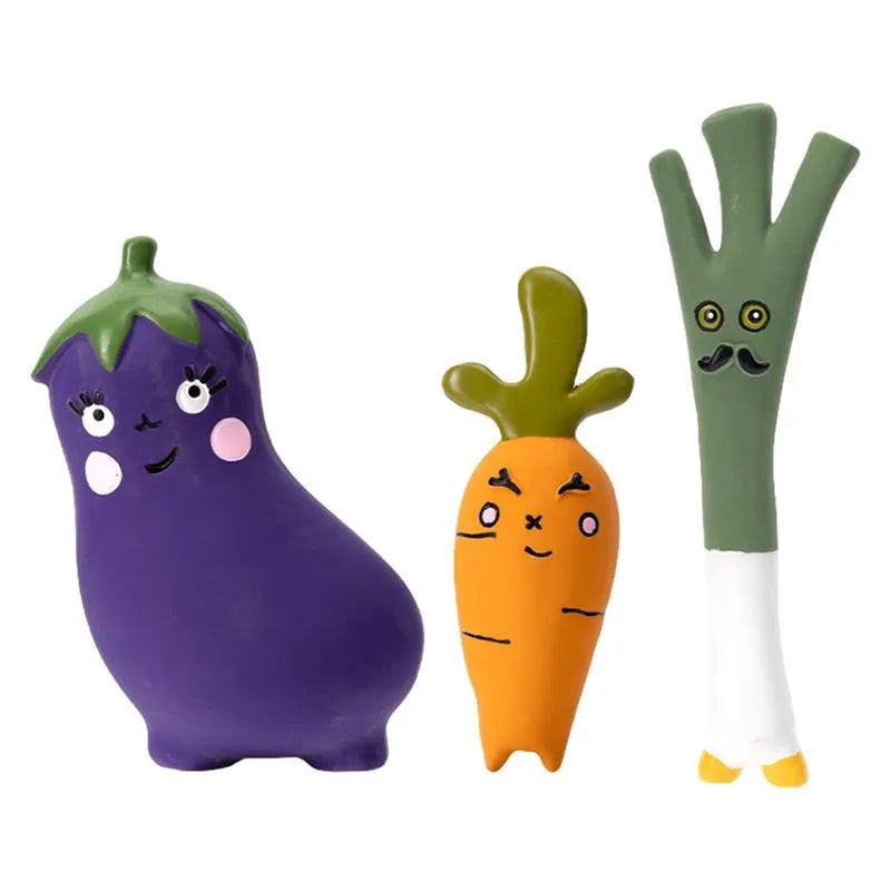 Latex vegetable dog chew toy in green, orange and purple cartoon designs for dental hygiene