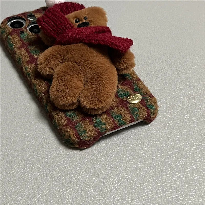 Red plush plaid cartoon bear drop-resistant phone case for Apple iPhone with scarf detail
